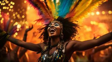 AI generated A woman wearing vibrant feathers and a joyful expression at a carnival celebration. Generative AI photo