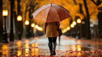 AI generated A woman with an umbrella walking gracefully down a rain-soaked street. Generative AI photo