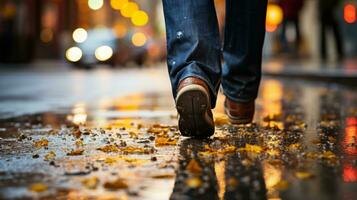 AI generated A person walking on a wet street covered in fallen leaves. Generative AI photo