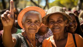 AI generated Two elderly women wearing orange shirts and hats, enjoying each other's company. Generative AI photo