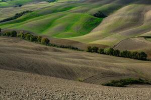 cosechado campos y prados paisaje en toscana, Italia. ondulado país paisaje a otoño puesta de sol. cultivable tierra Listo para el agrícola estación. foto