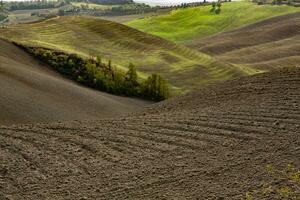 cosechado campos y prados paisaje en toscana, Italia. ondulado país paisaje a otoño puesta de sol. cultivable tierra Listo para el agrícola estación. foto