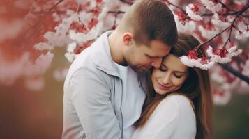 ai generado un Pareja en un cariñoso abrazo debajo un floreciente Cereza florecer árbol, simbolizando amor y belleza. generativo ai foto