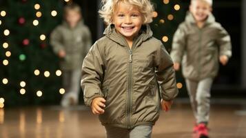 ai generado niños mostrando su nuevo años concepto en frente de Navidad arboles son caminando alegremente en el podio. generativo ai foto