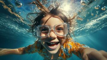 AI generated A young boy smiles underwater. Generative AI photo