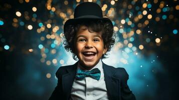 AI generated A young boy in a suit and bow tie, wearing a smile on his face. Generative AI photo