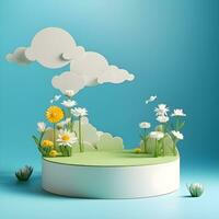 ai generado hermosa naturaleza en papel cortar estilo. papel campo paisaje verano paisaje con verde colinas y azul cielo blanco nubes capas cortar papel vector creativo 3d naturaleza ecología gráfico foto