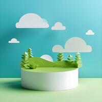 ai generado hermosa naturaleza en papel cortar estilo. papel campo paisaje verano paisaje con verde colinas y azul cielo blanco nubes capas cortar papel vector creativo 3d naturaleza ecología gráfico foto