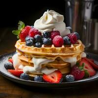 AI generated Homemade waffle with fruits and whipped cream. photo