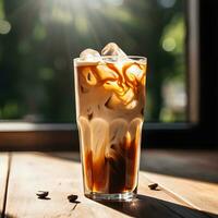 AI generated Cold brew coffee with milk and ice cubes in transparent glass. Cold summer healthy drinks concept. photo