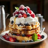 AI generated Homemade waffle with fruits and whipped cream. photo