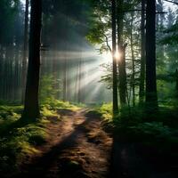 AI generated A forest trail at sunrise bathed in a warm, inviting glow, winds its way through the towering coniferous trees. The sun's rays filter through the trees, casting long shadows photo