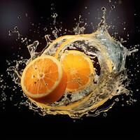 AI generated Close-up of orange fruit against black background. Fresh parts orange, slices falling into the water with a splash of water and air bubbles, isolated on a black background. photo