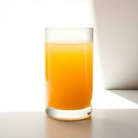 AI generated Orange juice in the glass on white background with shadow of sun in morning sun light. Fresh juicy oranges, fresh squeezed orange juice, refreshing summer drink. photo