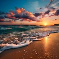 ai generado un sereno playa a atardecer, fundición calentar matices terminado el tranquilo ondas. concepto de relajación y natural belleza. escénico ver de mar en contra cielo durante puesta de sol foto