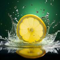 AI generated Fresh lemon slice in water with bubbles. Close-up of a lime slice in liquid with bubbles. Slice of ripe lime in water. Close-up of fresh lime slice covered by bubbles. photo