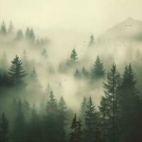 AI generated Misty foggy mountain landscape with fir forest and copyspace in vintage retro hipster style photo