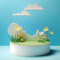 ai generado hermosa naturaleza en papel cortar estilo. papel campo paisaje verano paisaje con verde colinas y azul cielo blanco nubes capas cortar papel vector creativo 3d naturaleza ecología gráfico foto