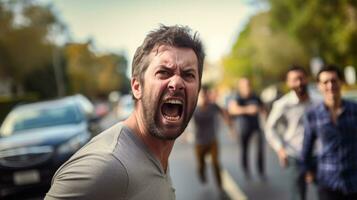 ai generado un hombre discutiendo con tráfico en el calle. generativo ai foto