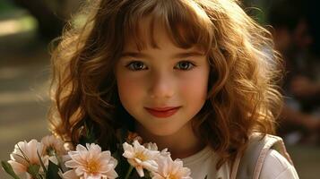 ai generado un joven niña con un sonrisa, participación un ramo de flores de vistoso flores en su manos. generativo ai foto