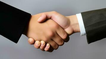 AI generated Business handshake on grey background. Generative AI photo