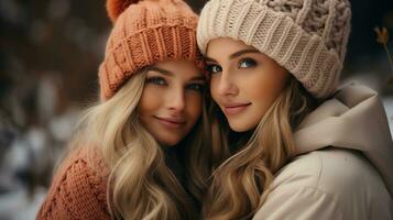 ai generado dos mujer vistiendo de punto sombreros, sonriente y posando para un foto en un Nevado paisaje. generativo ai