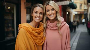 AI generated Two women happily posing in front of a store, showcasing their joy and creating a positive atmosphere. Generative AI photo