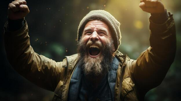 AI generated A man with a beard and hat passionately shouting, expressing his emotions with intensity. Generative AI photo