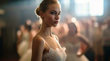 AI generated A graceful balerina in a pink dress stands before a troupe of dancers, exuding beauty and elegance. Generative AI photo