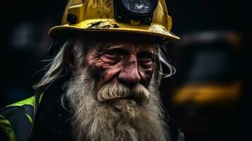 AI generated An elderly miner with a lengthy white beard wearing a yellow hard hat. Generative AI photo