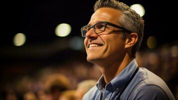 ai generado un hombre con lentes y un azul camisa sonriente. generativo ai foto