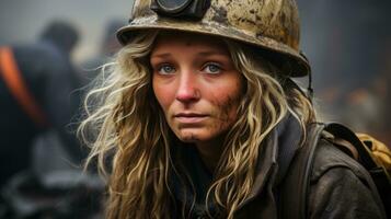 ai generado un mujer vistiendo un bombero casco luchando un fuego, su cara cubierto en suciedad. generativo ai foto