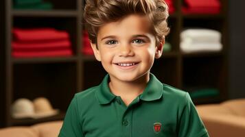 AI generated A young boy wearing a green polo shirt, looking cheerful and energetic. Generative AI photo