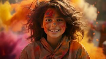 AI generated A cheerful young girl at the festival has a lively smile and is covered in colorful paints. Generative AI photo