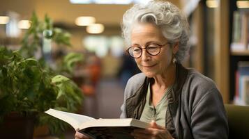 AI generated Retired woman in the library is reading a book intently in a quiet corner. Generative AI photo