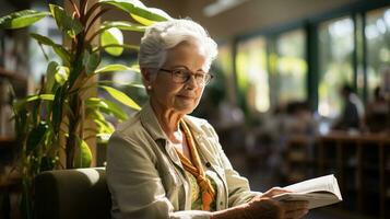 AI generated Retired woman in the library is reading a book intently in a quiet corner. Generative AI photo