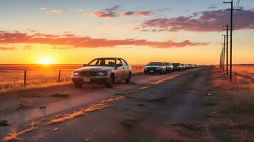 AI generated Abandoned cars in rows at sunset. Generative AI photo