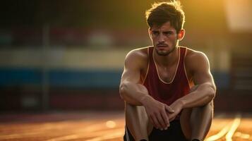 AI generated A sad athlete sitting on the ground, with his hands resting on his knees. Generative AI photo