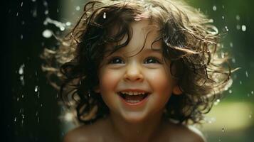 ai generado un alegre niño es jugando felizmente en el medio de el agua. generativo ai foto