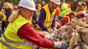 AI generated People come together and separate garbage at a recycling event for a cleaner environment. Generative AI photo