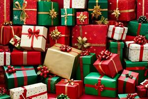 AI generated Christmas gift box with ribbon, present box, snowy fir tree, and many presents are sitting on a wooden table with Christmas decorations photo