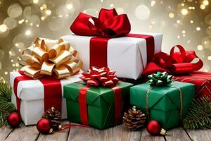 AI generated Christmas gift box with ribbon, present box, snowy fir tree, and many presents are sitting on a wooden table with Christmas decorations photo