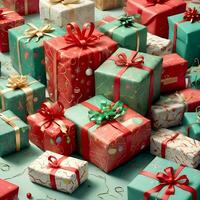 AI generated Many presents are arranged in a pile of Christmas red and green gift boxes with ribbon photo