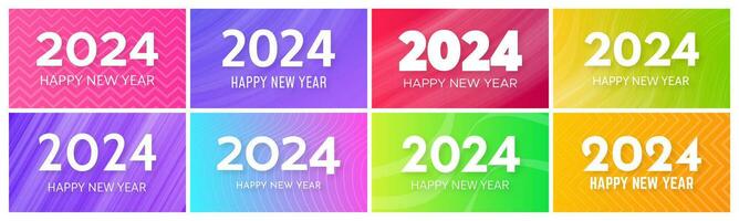 2024 Happy New Year backgrounds.  Set of eight modern greeting banner templates with white 2024 New Year numbers on colorful abstract backgrounds with lines. Vector illustration