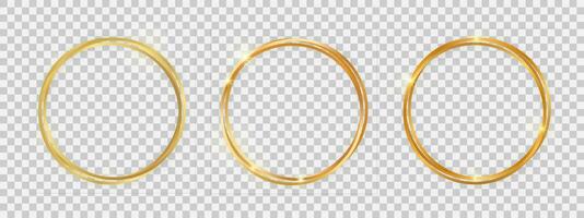 Double round shiny frames with glowing effects. Set of three gold double round frames with shadows on background. Vector illustration