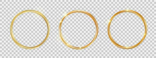 Double round shiny frames with glowing effects. Set of three gold double round frames with shadows on background. Vector illustration