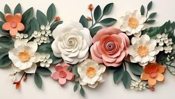 AI generated 3d render, floral background with paper flowers, leaves and pearls photo