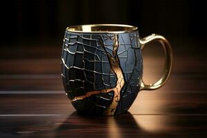 AI generated Coffee cup with broken glass on a wooden table. 3D rendering photo