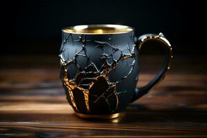 AI generated Coffee cup with broken glass on a wooden table. 3D rendering photo