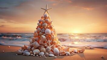 AI generated Christmas tree made of seashells on the beach at sunset. photo